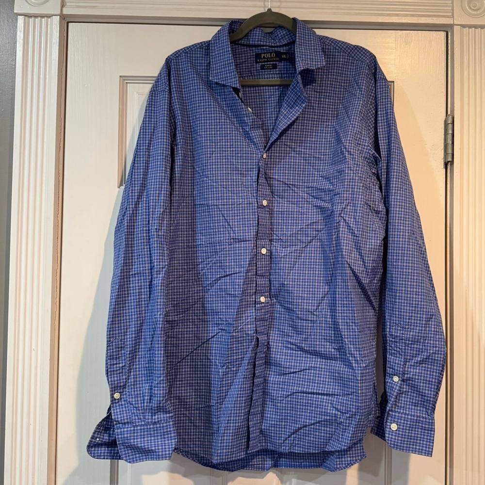 EUC Men’s Ralph Lauren Polo Button Up Dress Shirt XXL - Blue White Plaid Check